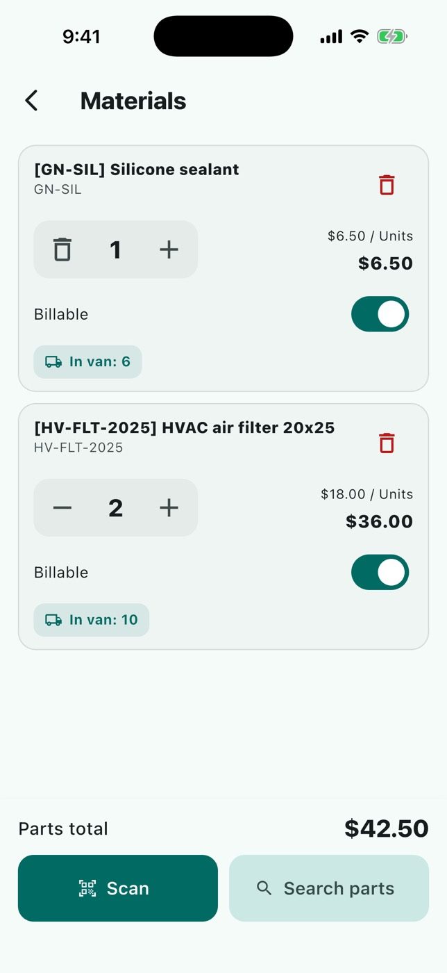 Parts used with their prices.