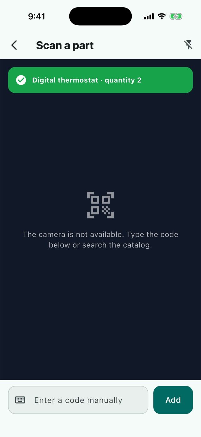 Scan a barcode to add a part.