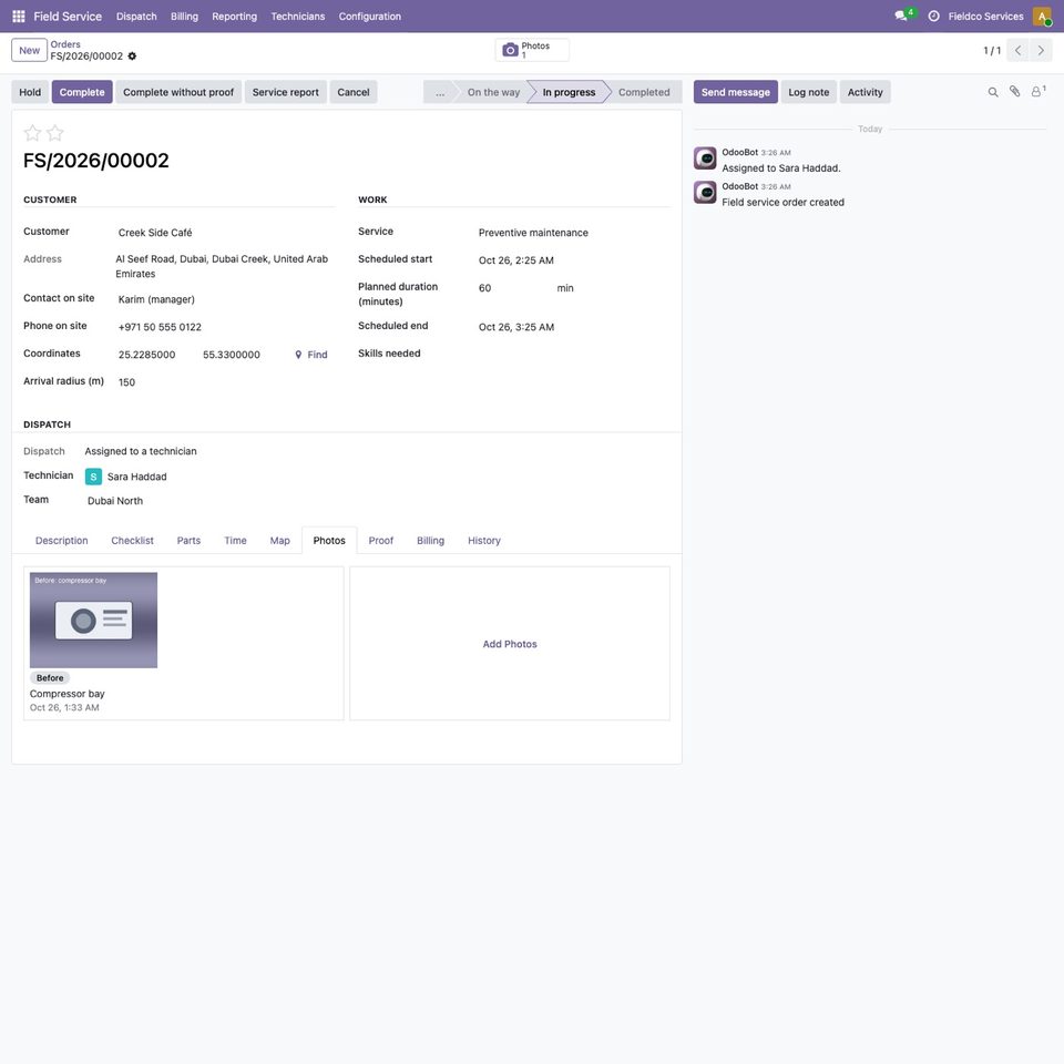 The photos on the order in Odoo.