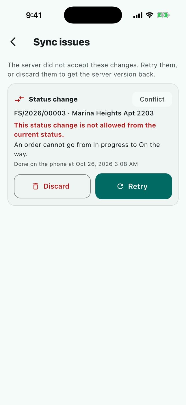 Actions that the server refused or that conflict are listed with the reason.
