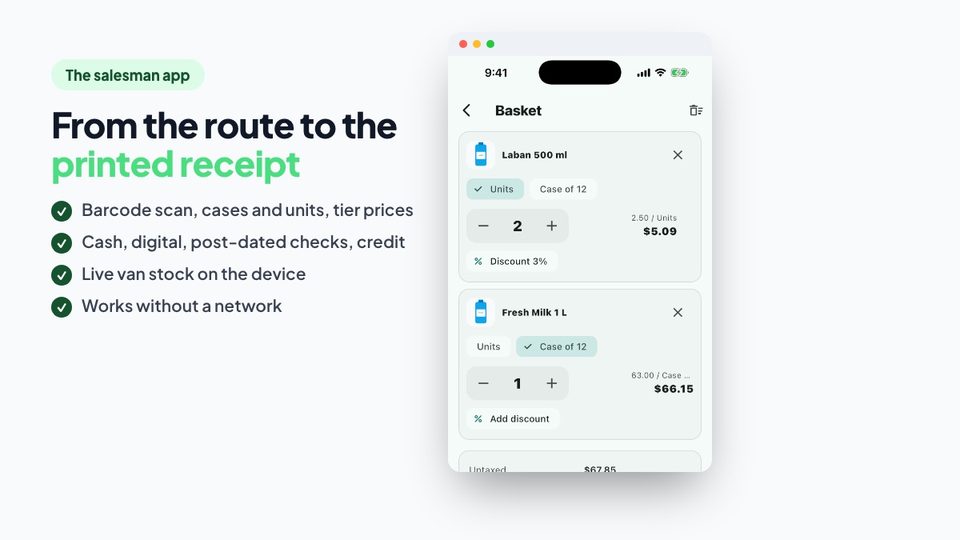 The salesman app with the basket in cases and units