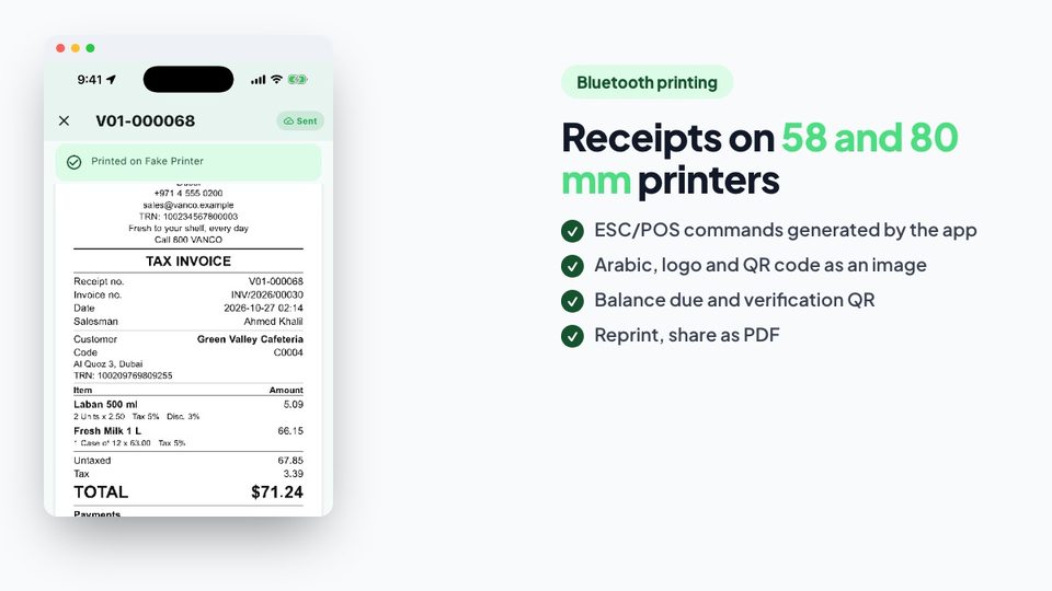 Receipts on 58 and 80 mm Bluetooth printers