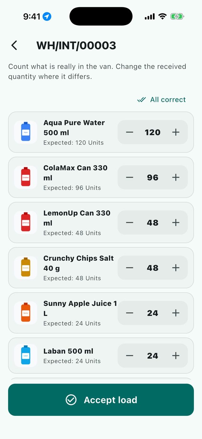 The loading in the app: expected quantity, received quantity, signature.