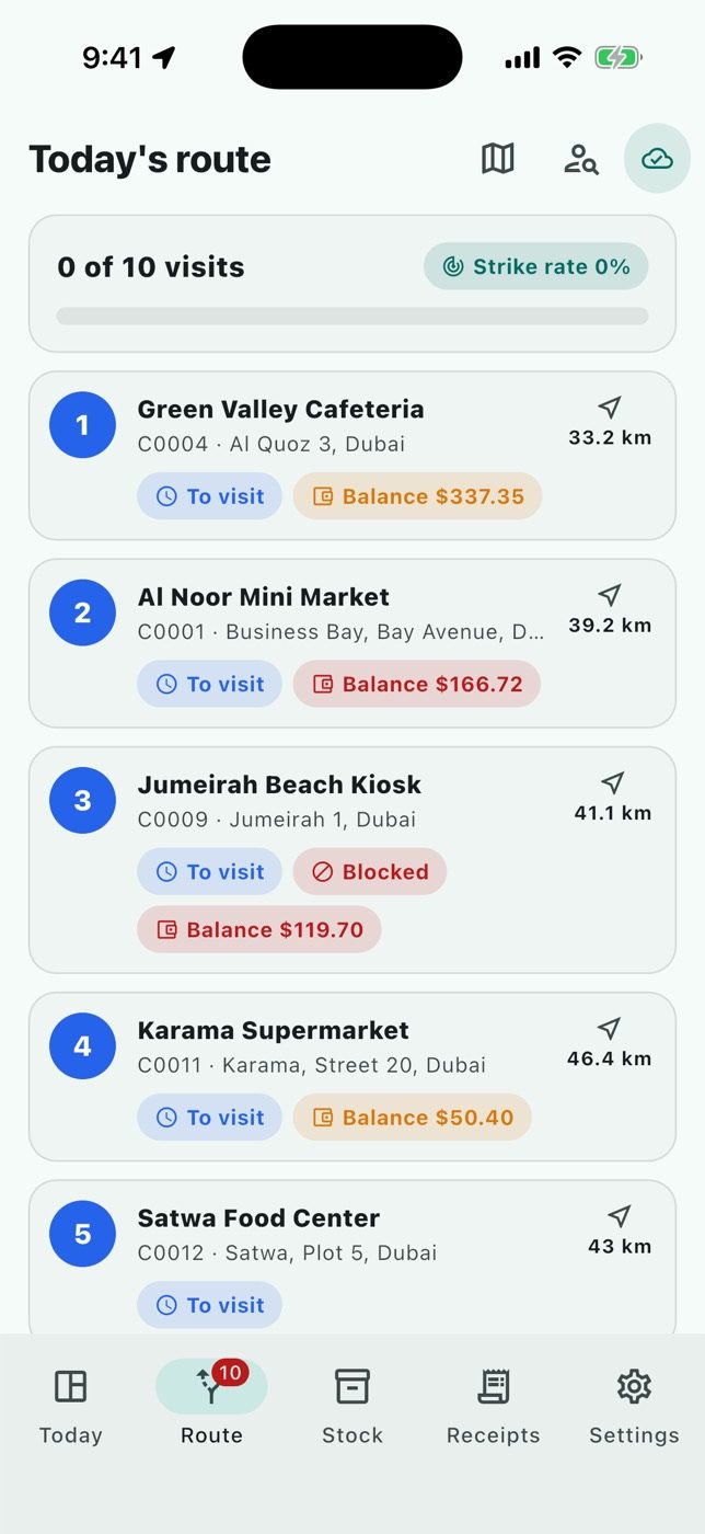 Today's route: customers in order, distance, balance, progress.
