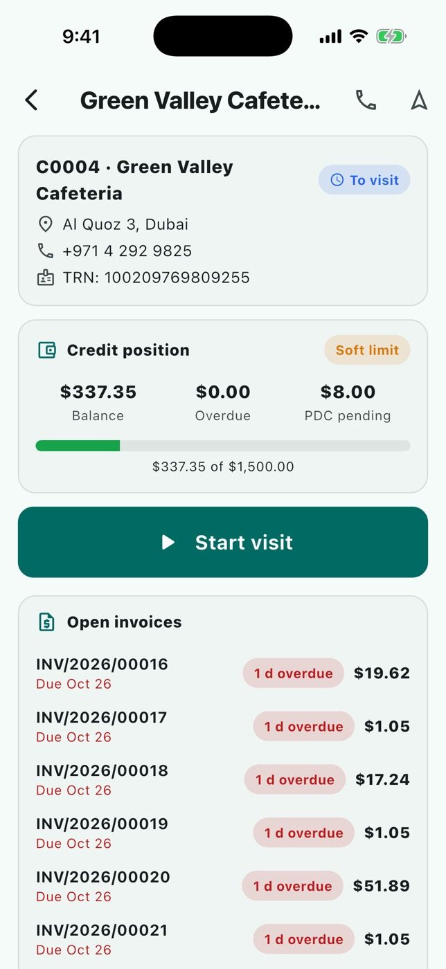 A customer: balance, credit exposure, open invoices and last visit.