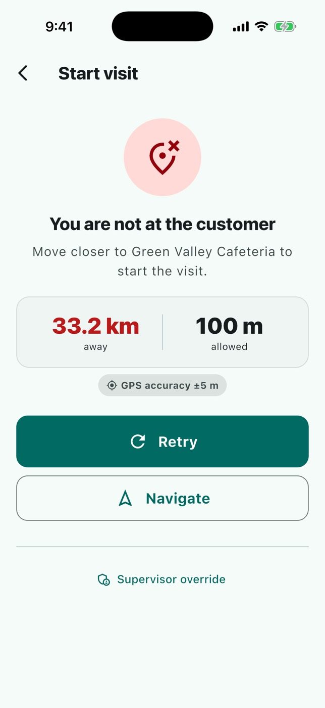 Too far from the customer: the visit cannot start.