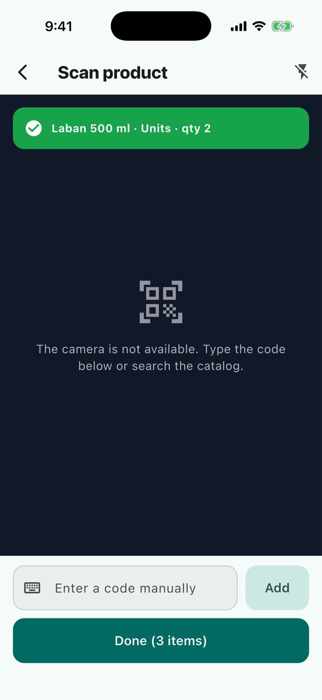 Scan a barcode to add a product in the right unit.