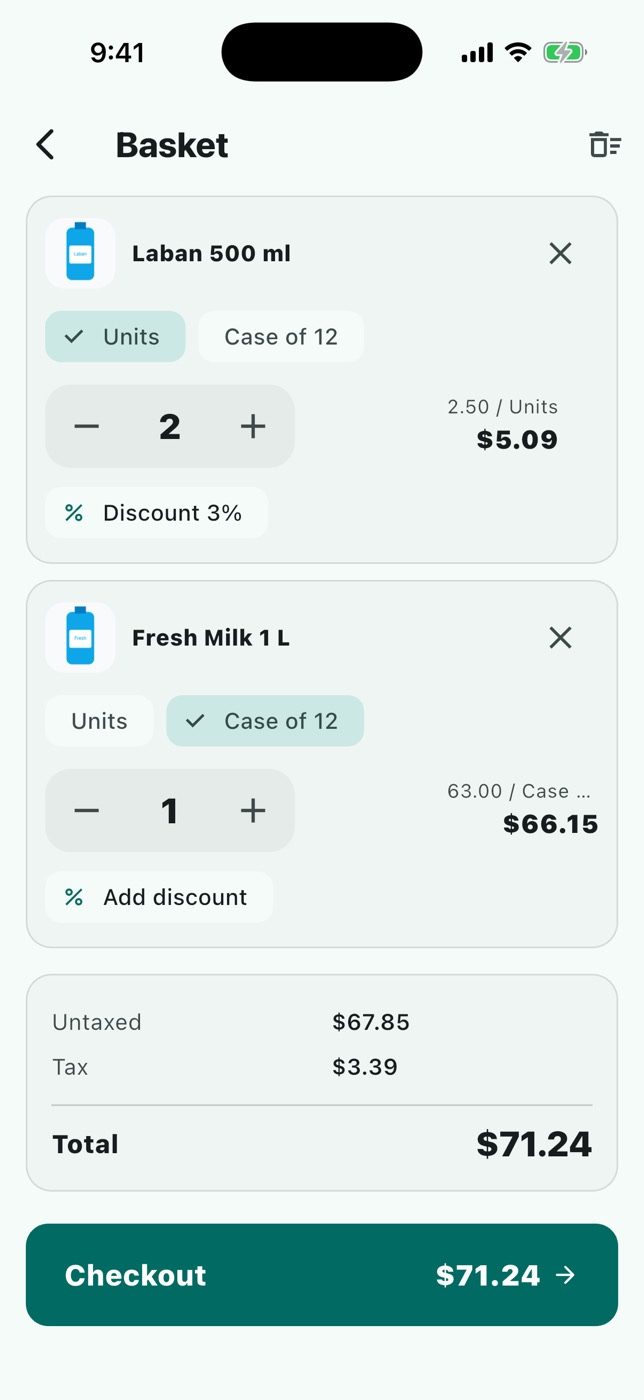 The basket: units and cases, tier price, tax and totals.