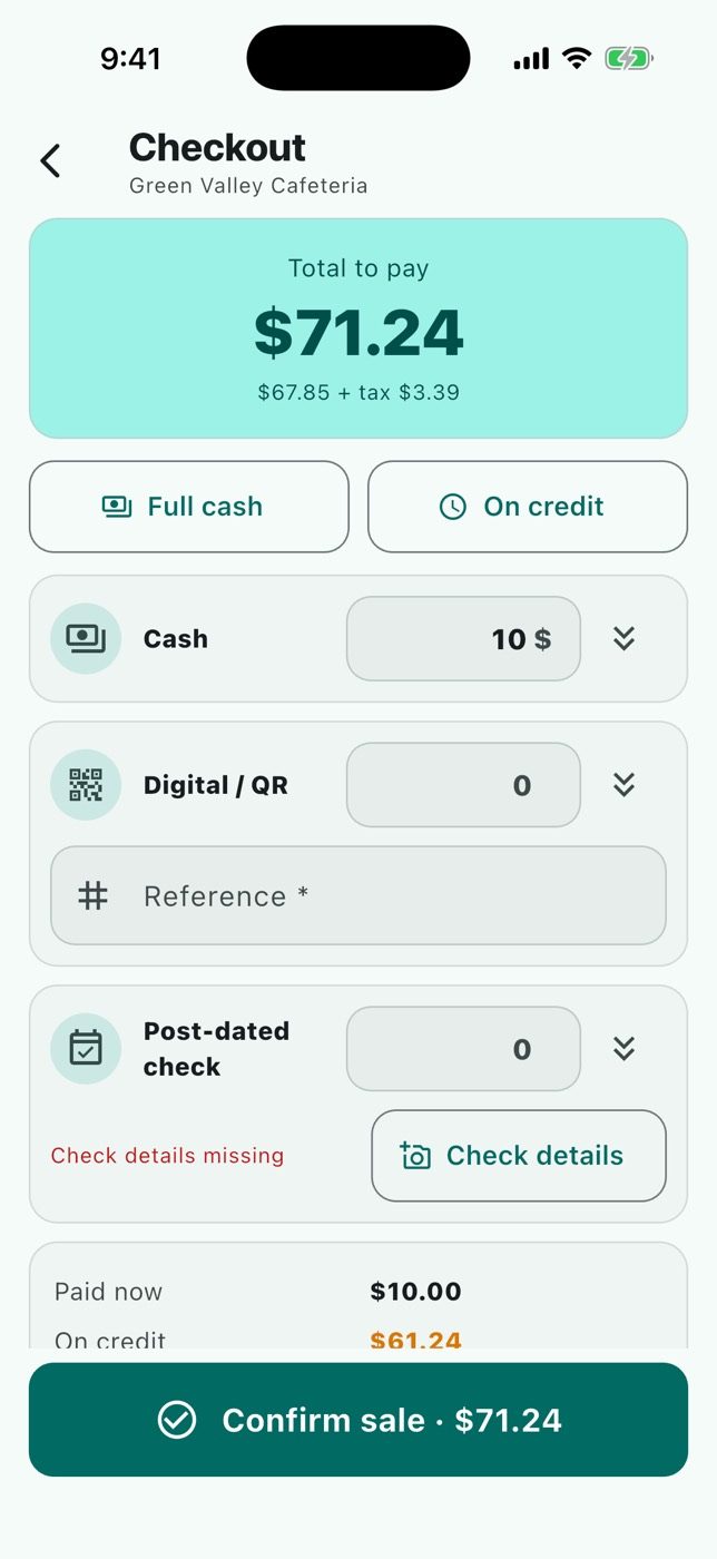 Checkout with a cash payment and the rest on credit.