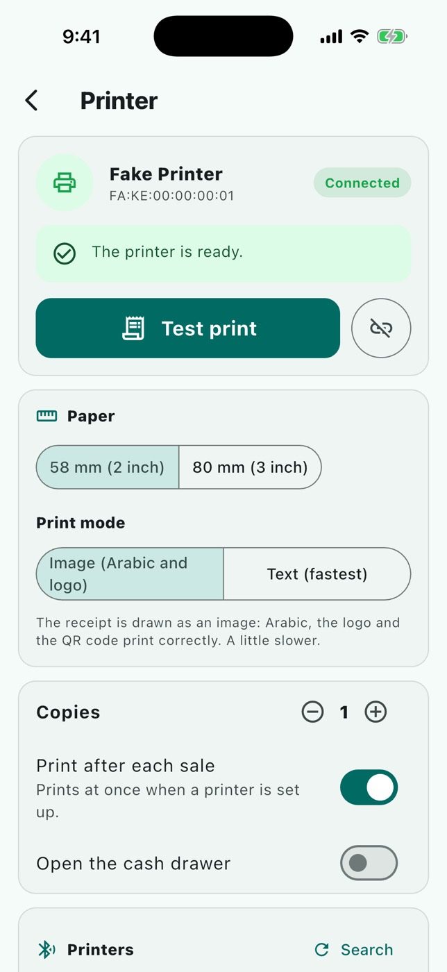 The printer screen: connection, paper width, test print.