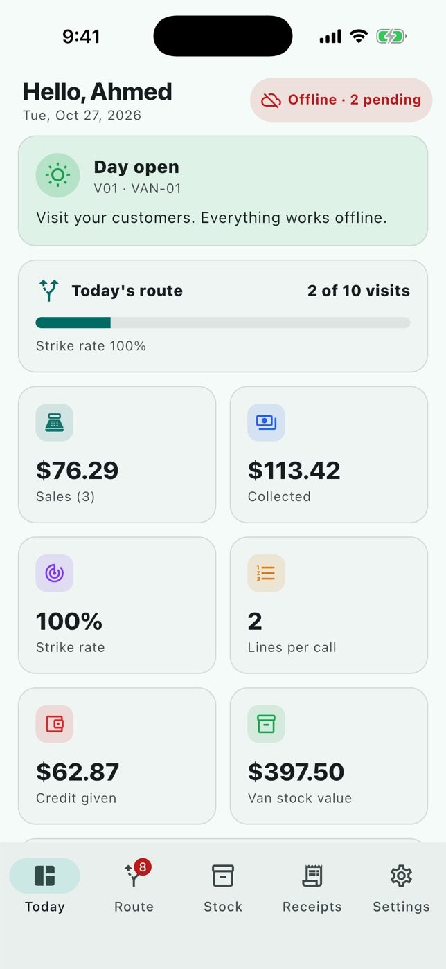Working offline: sales and payments wait in the outbox.