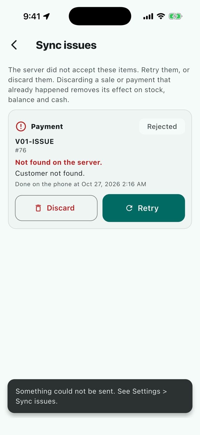 Operations that Odoo refused are listed with the reason and can be retried.