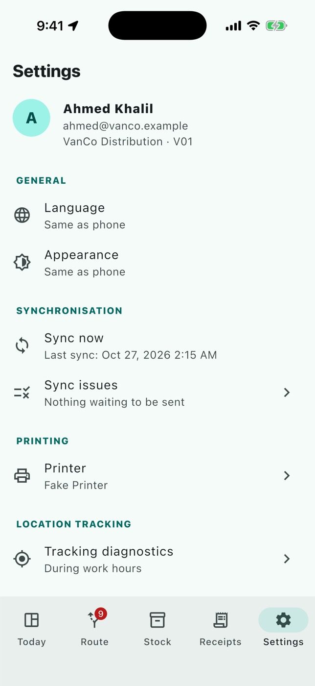 App settings: language, printer, tracking, synchronisation.