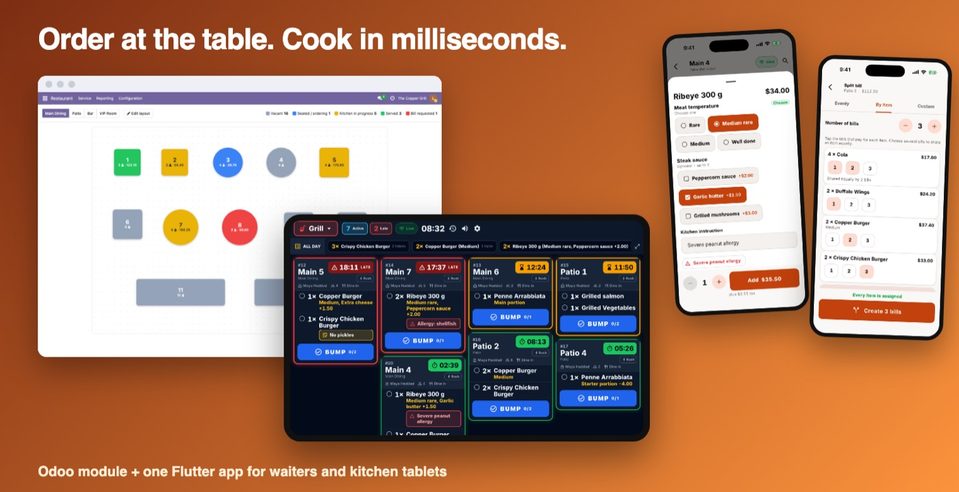 The Odoo floor map, the waiter app and the kitchen display.