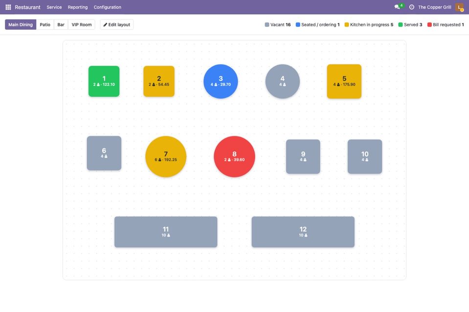 Restaurant → Service → Floor map: every table in its live colour, refreshed every few seconds.
