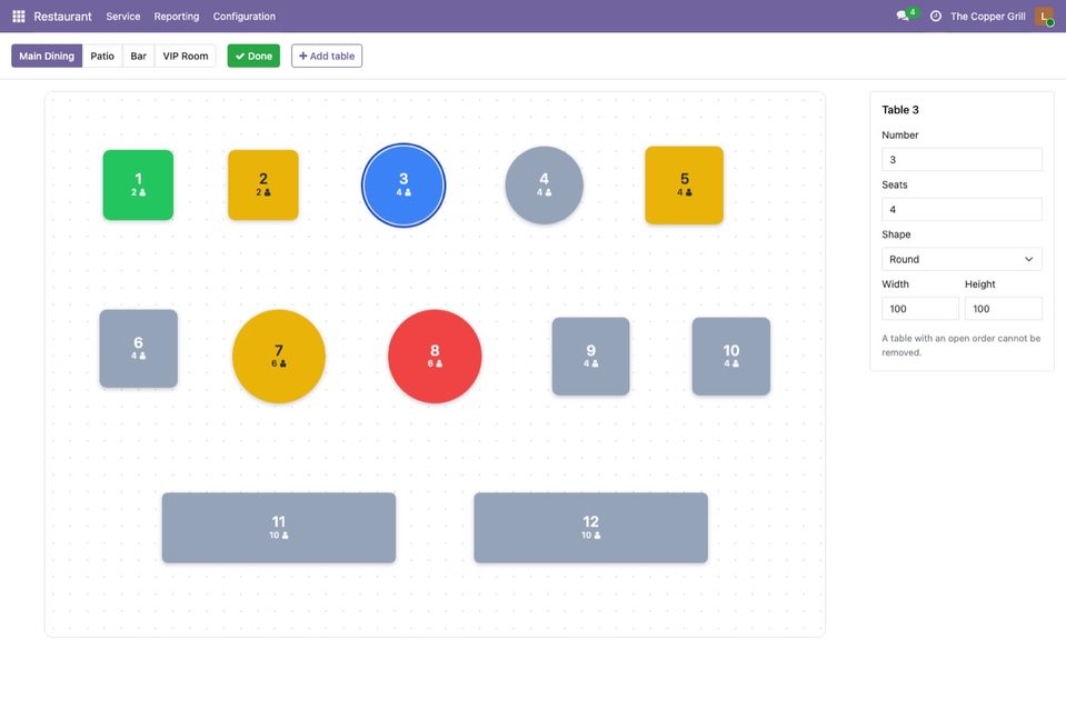 The layout editor: drag a table, click it to change its seats and shape.