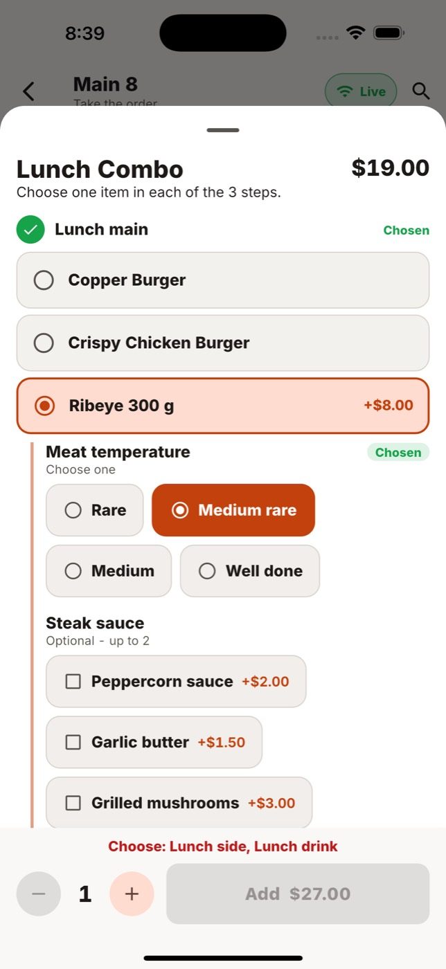 A combo: one choice per group, with the options of each item.
