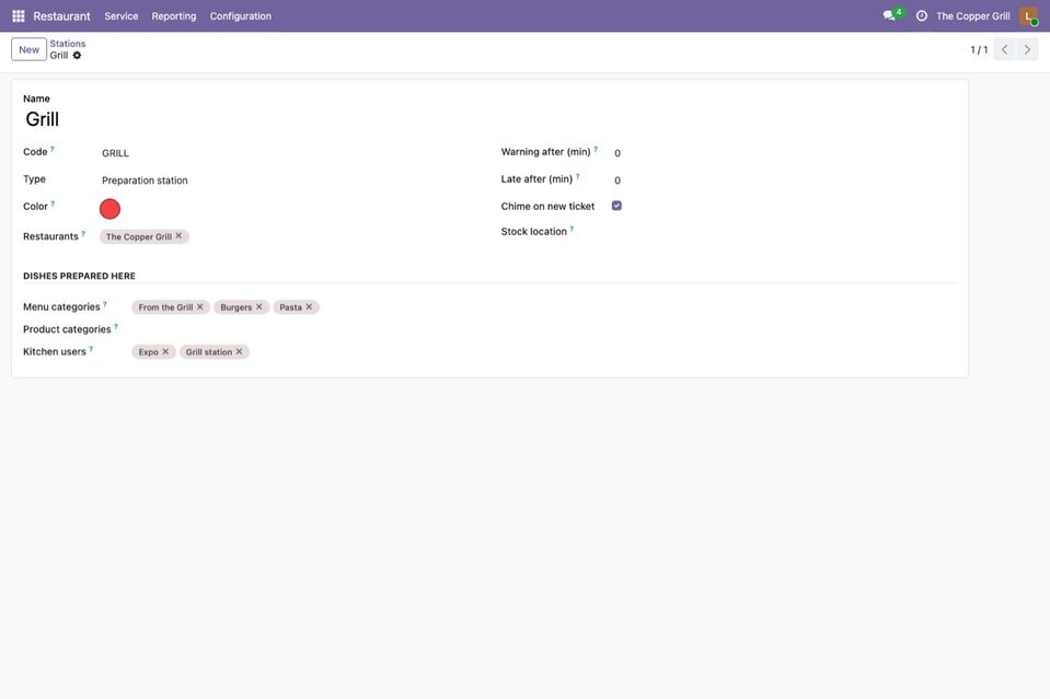 A station: the menu categories it prepares, its stock location and its own timers.