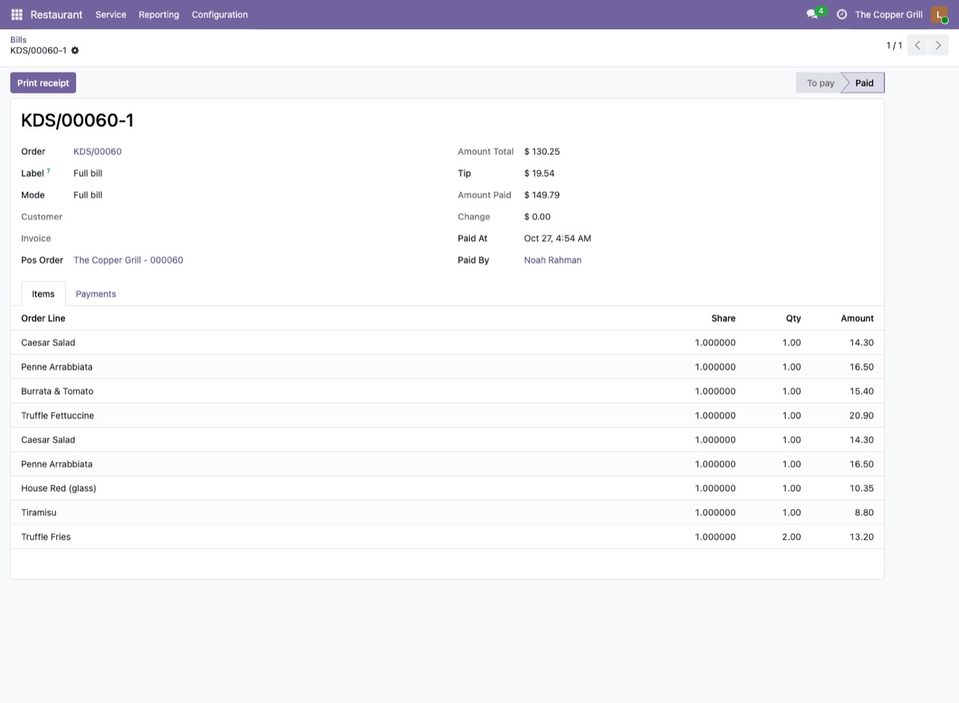 A paid bill in Odoo with its payments, the POS order and the invoice.
