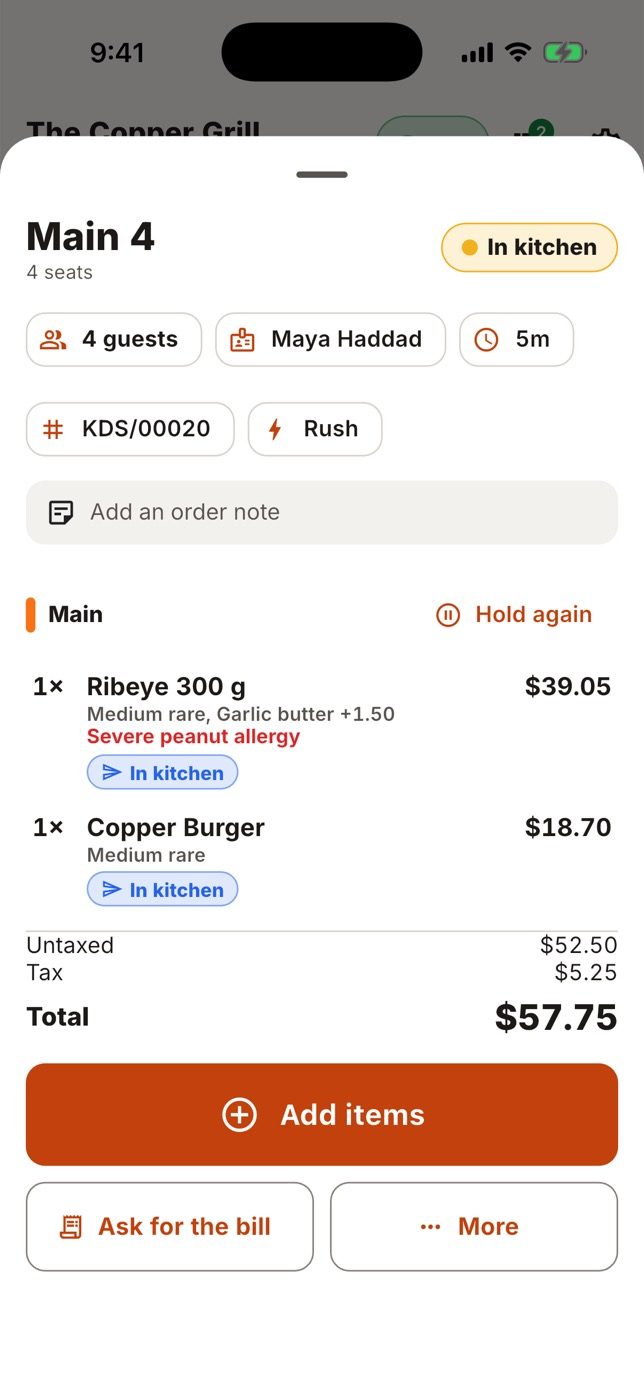 Tap a table: seat the guests, or see the order, its courses and the actions.