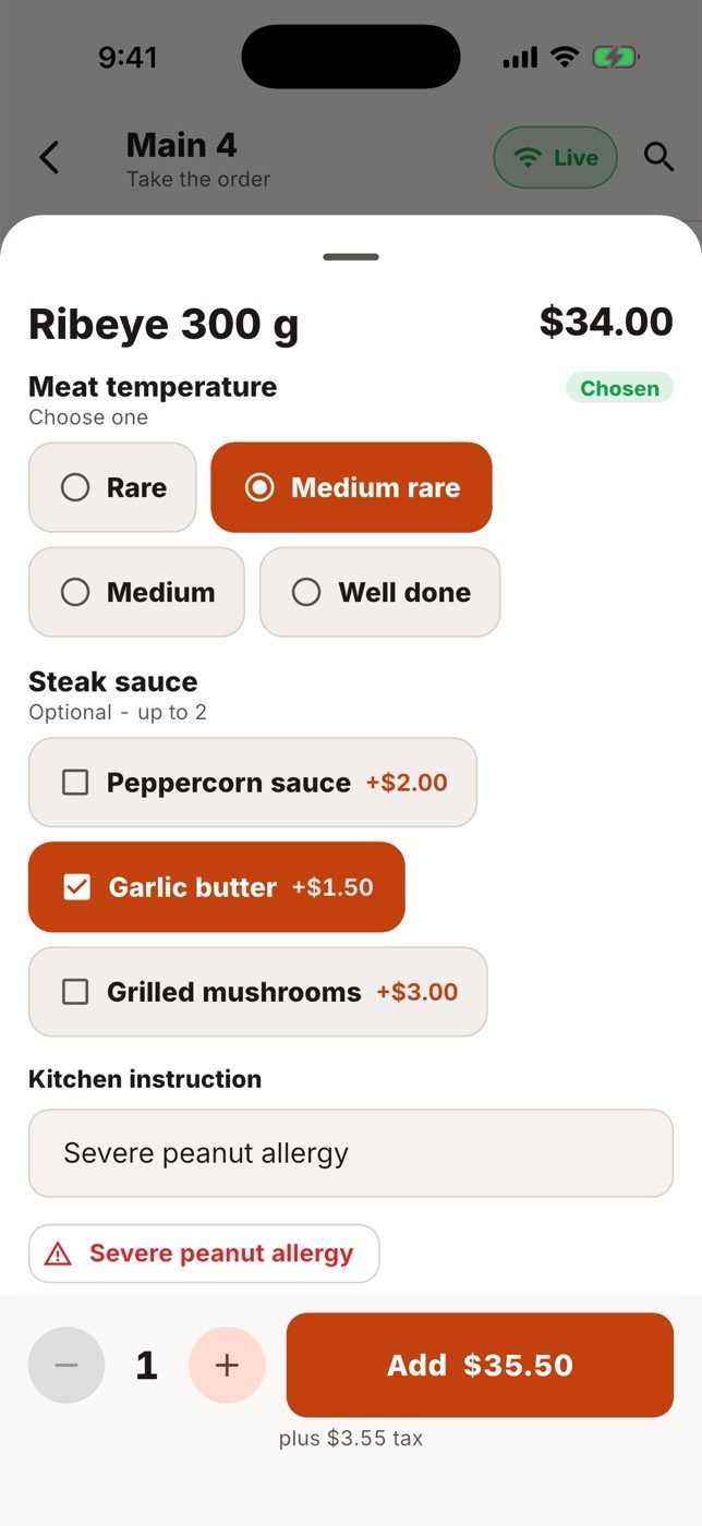 Forced options, paid add-ons, the kitchen note, the seat and the course in one sheet.