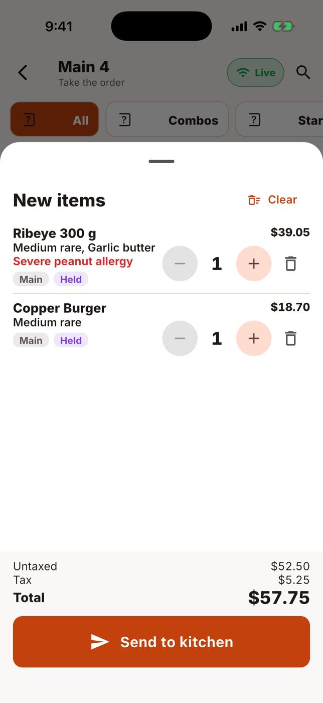The cart with prices and the total.