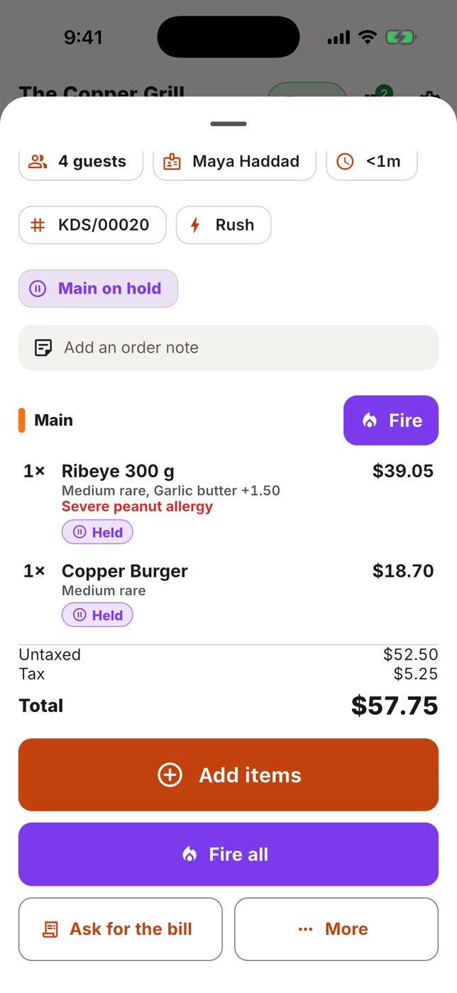 The order grouped by course with Fire buttons and the state of every item.