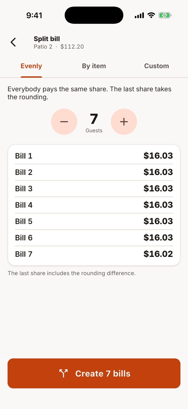 Even split: each guest's share; the last guest takes the rounding.