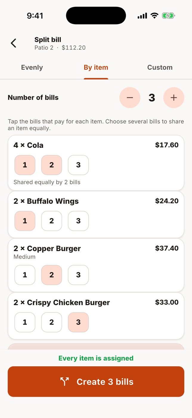 Split by item: each guest sees their own total.