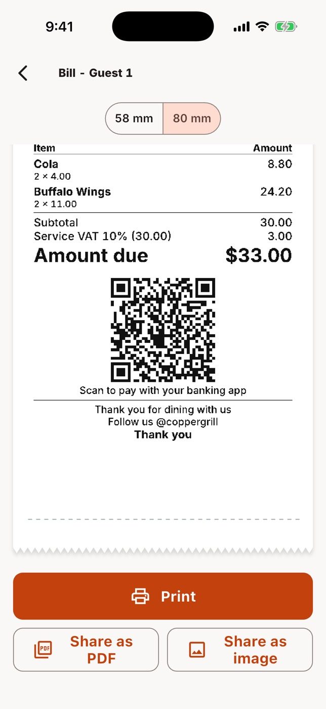 The receipt as printed on 80 mm: items with options, taxes, payments, tip and QR.