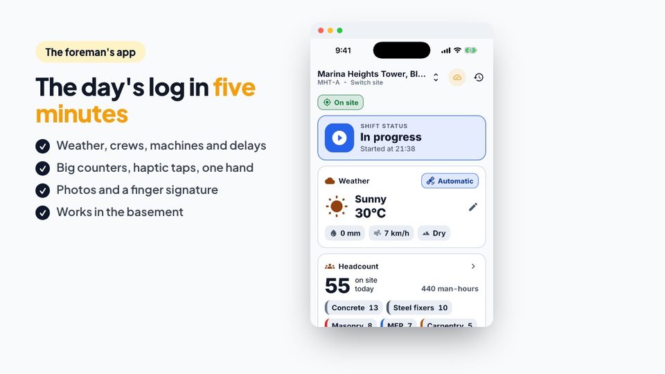The foreman's app: weather, crews, machines and delays in one daily log