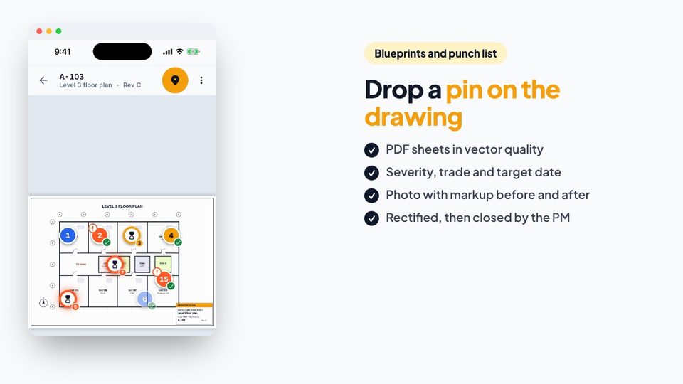 Blueprint viewer with punch-list pins and severity