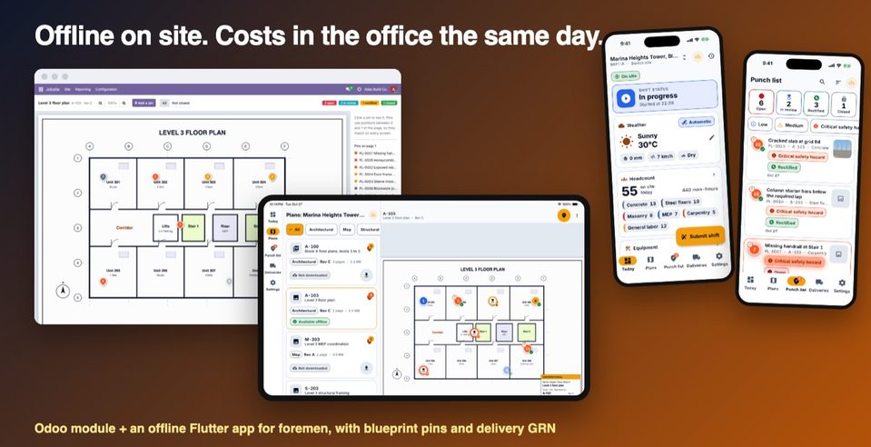 The site app on a phone and a tablet, and the project in Odoo.