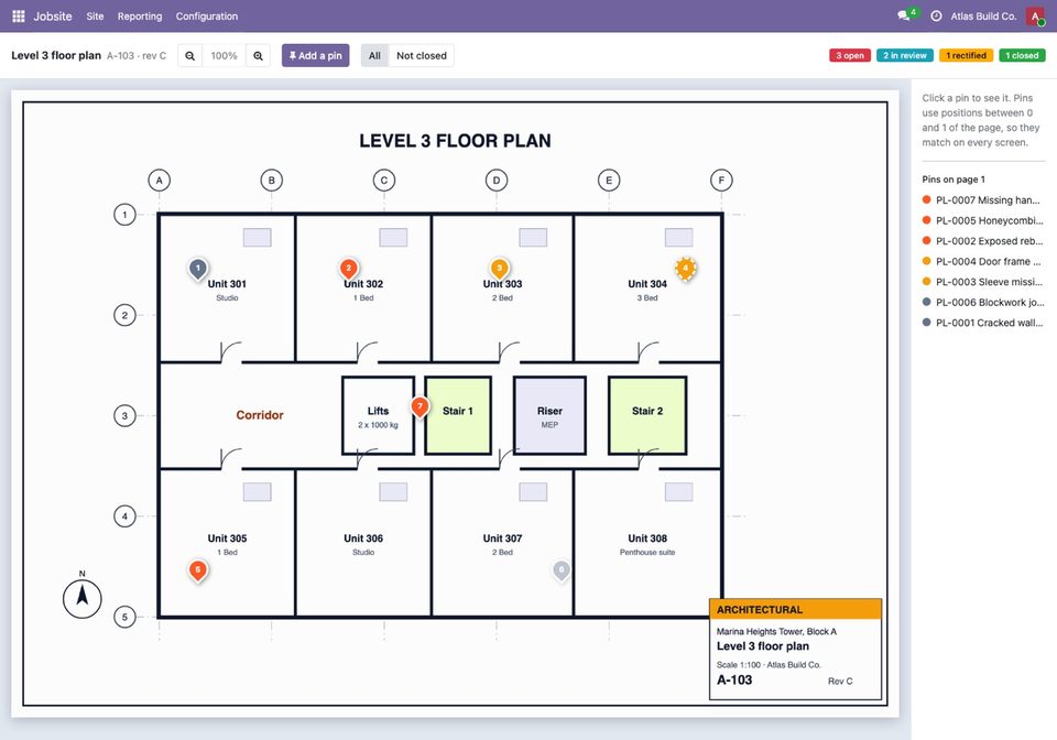 The plan viewer in Odoo with the pins of the sheet.