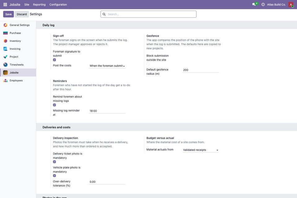 Jobsite → Configuration → Settings.