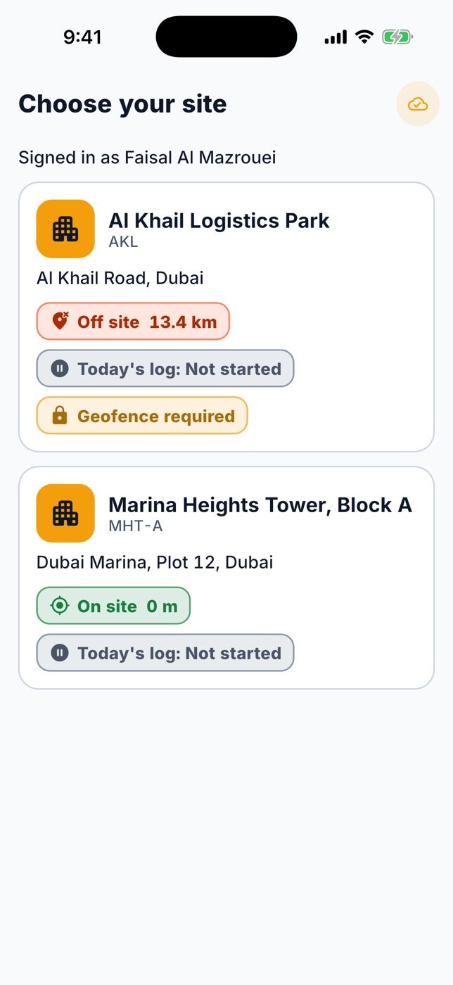 The site picker with the distance and the state of today's log.