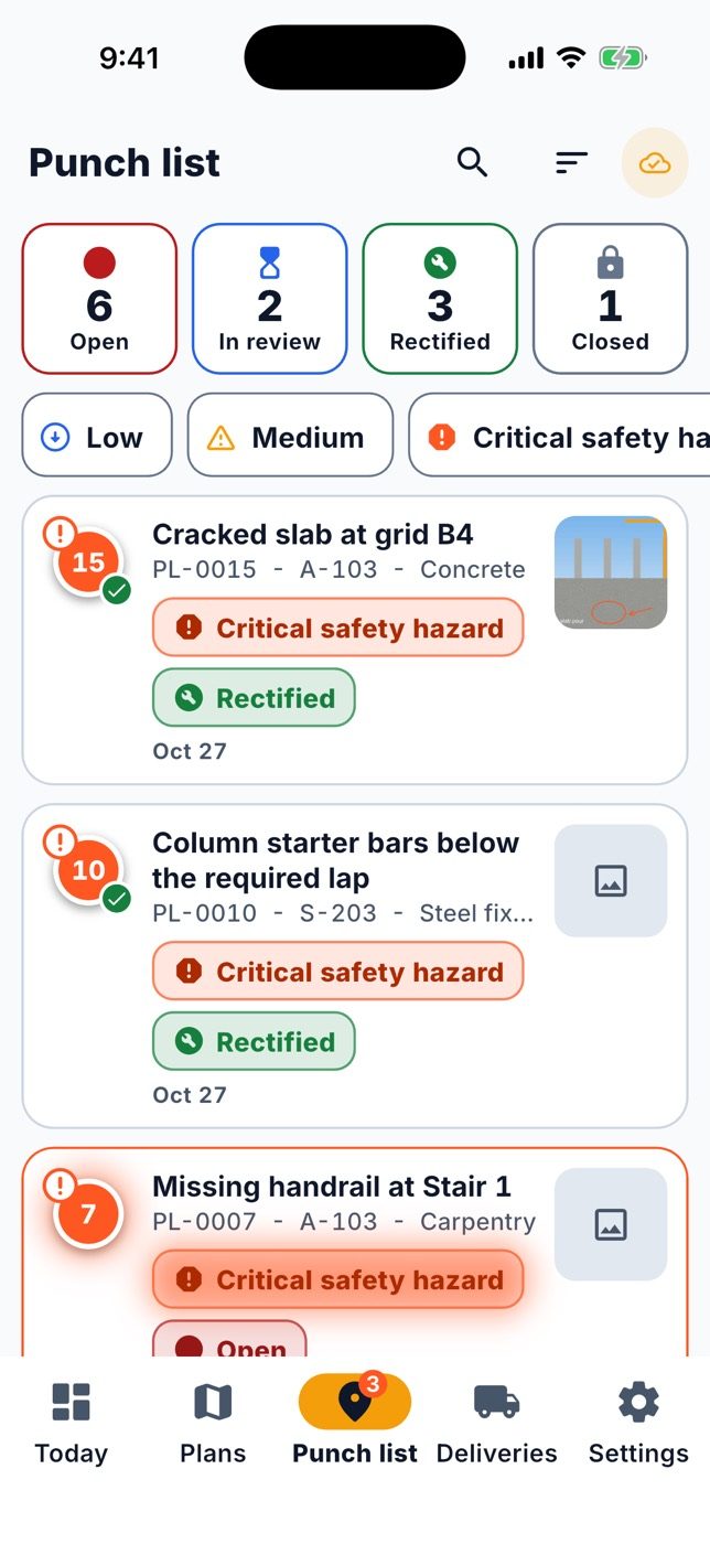 The punch list with filters by status, severity, trade and subcontractor.