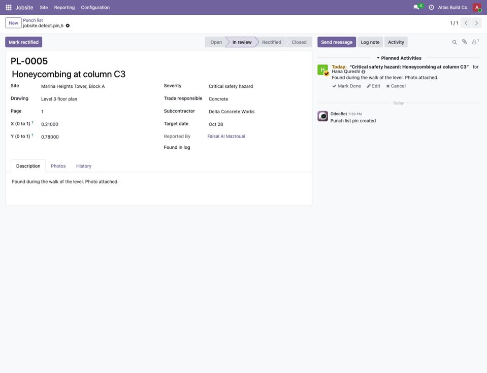 A pin in Odoo with its status buttons.