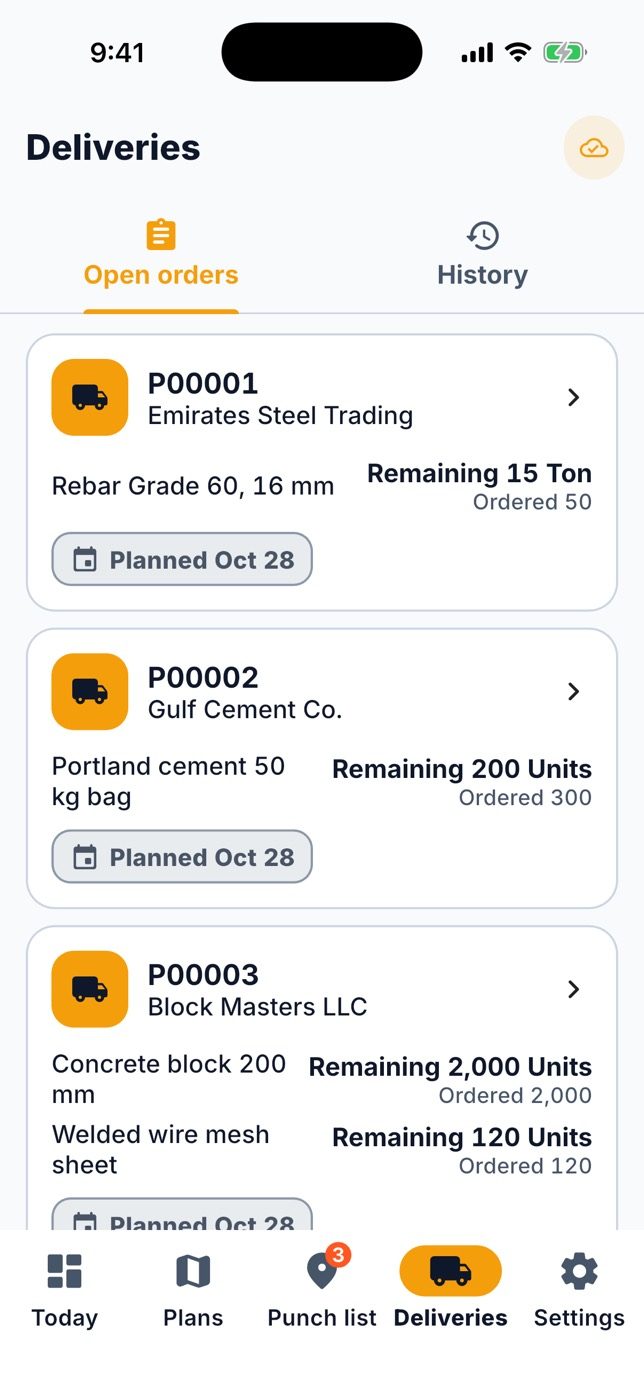 Open purchase orders of the site.