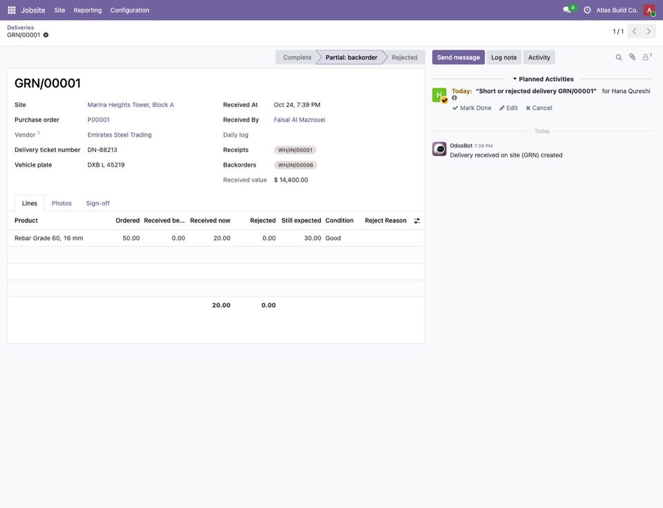The GRN in Odoo with its receipts.