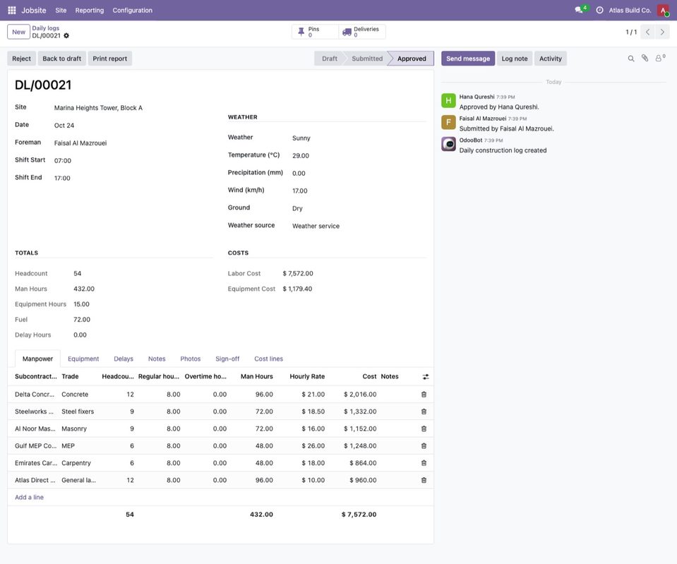 A log in Odoo: weather, crews with rates, totals and costs.