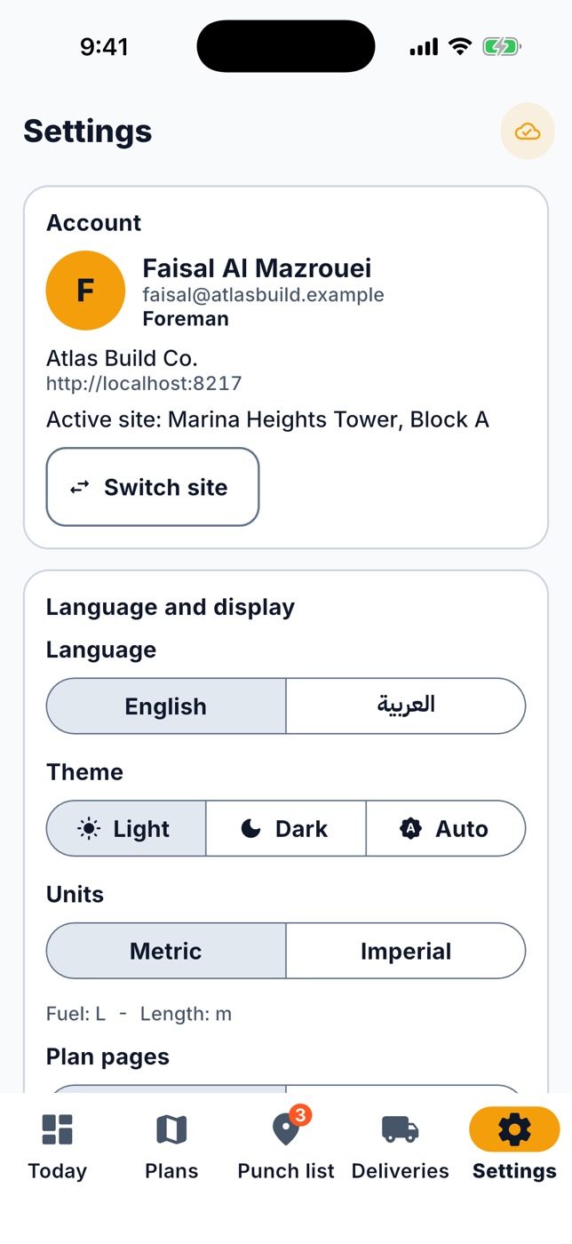 App settings: language, theme, units, storage.