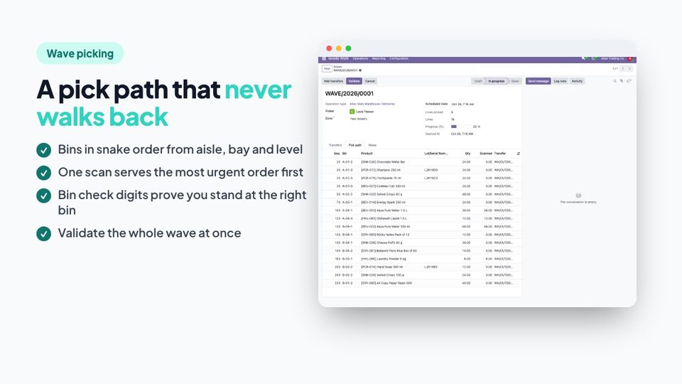 Wave pick path through the warehouse aisles in the Odoo back office
