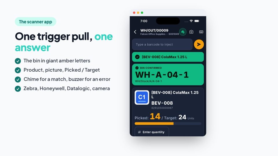 Phone scan terminal with the bin target and picked versus target counter