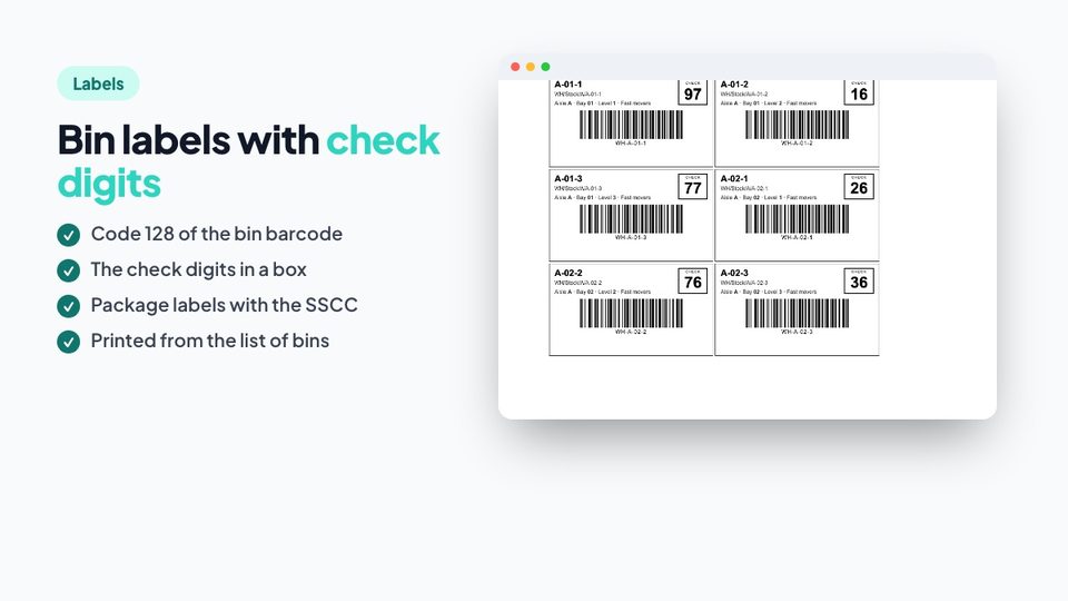 Location and package labels with check digits