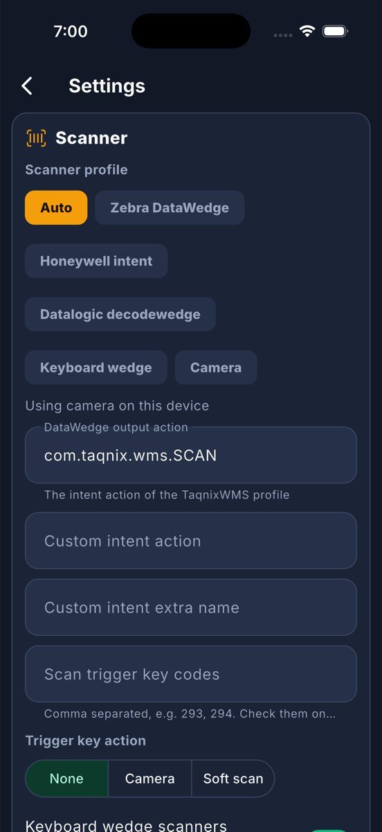 Settings > Scanner: the profile (Auto, Zebra DataWedge, Honeywell intent, Datalogic DecodeWedge, keyboard wedge, camera), the DataWedge action, the custom inten