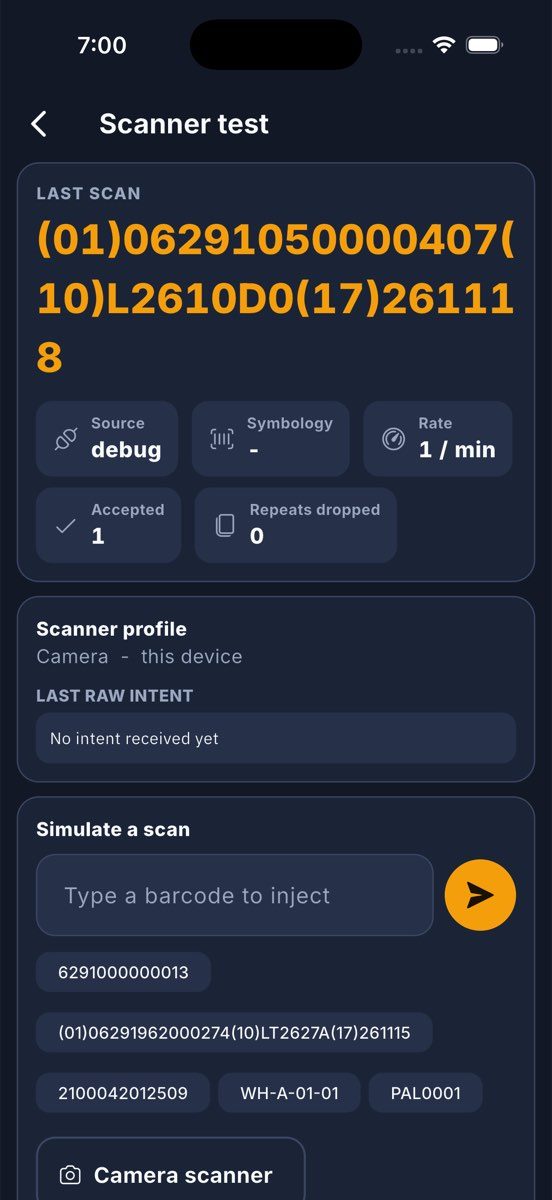 Scanner test: the last scan, its source and symbology, the rate, the repeats that were dropped, the last raw intent, and a bar to simulate a scan.