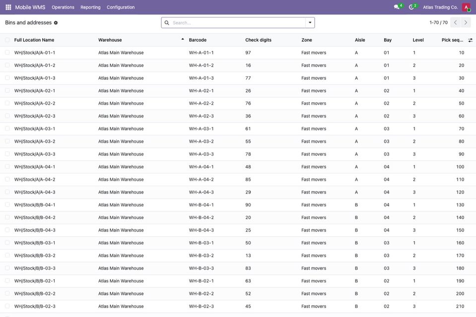 Bins and addresses: barcode, check digits, zone, aisle, bay, level and pick sequence in one list.