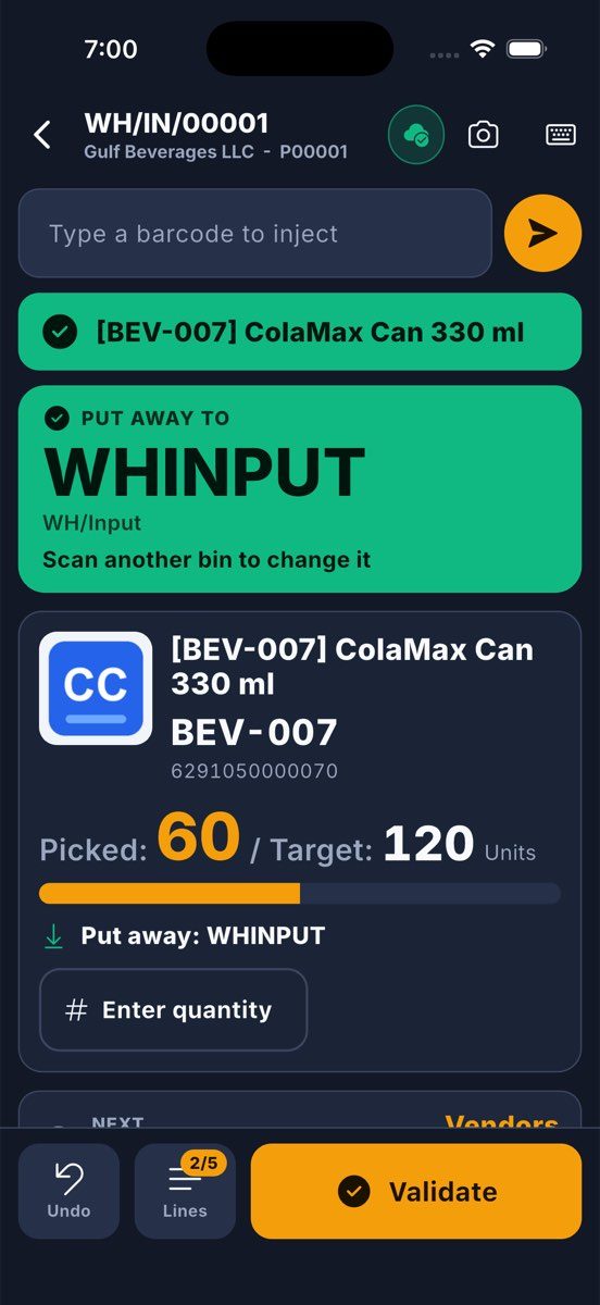 A receipt on the scanner: the bin to put away to, the product with its picture, the quantity received and the target.