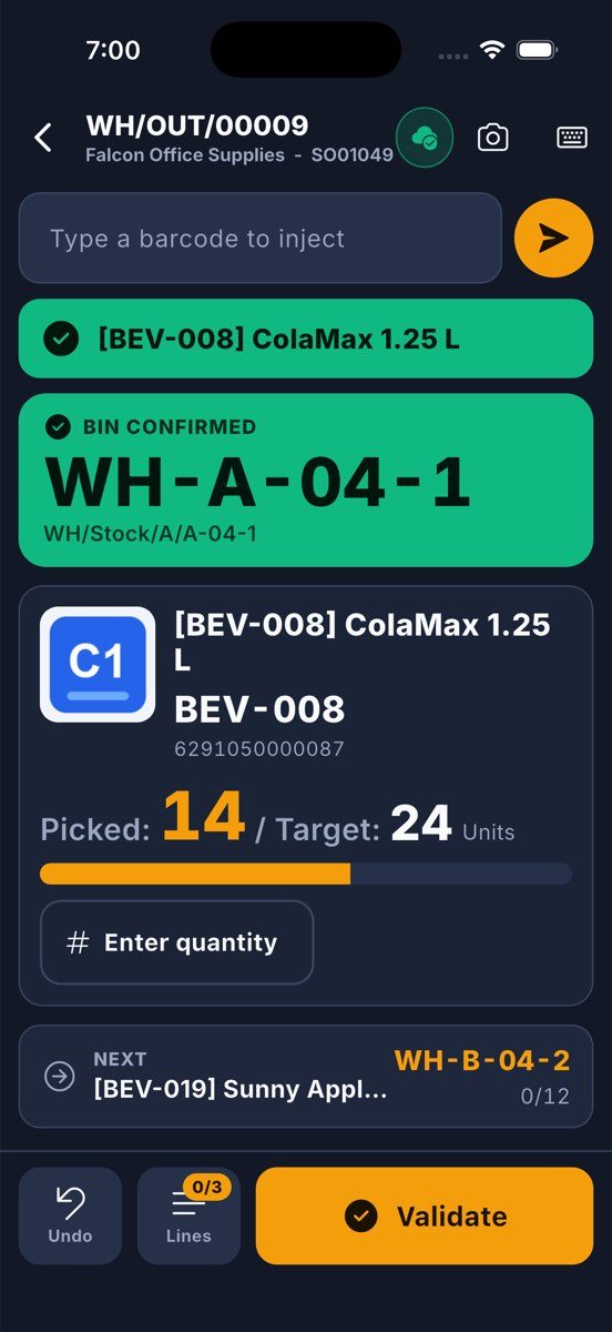 Picking a delivery: the bin to go to, the product and Picked / Target, then Undo, Lines and Validate.